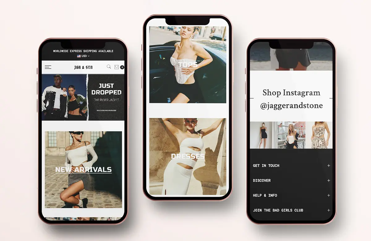 E-commerce mobile designs emphasizing No Standing's UX/UI approach